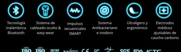 Tecnología inalámbrica Bluetooth Sistema de cableado oculto & easy wear Impulsos secuenciales SMART Sistema Antibacteriano e inodoro Ultraligero y ergonómico Electrodos médicos ajustables de caucho-carbono