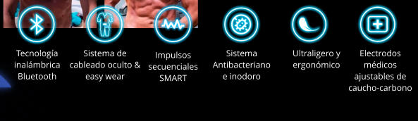 Tecnología inalámbrica Bluetooth Sistema de cableado oculto & easy wear Impulsos secuenciales SMART Sistema Antibacteriano e inodoro Ultraligero y ergonómico Electrodos médicos ajustables de caucho-carbono