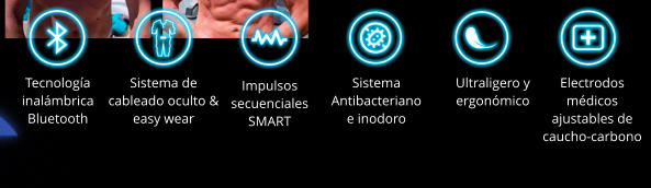 Tecnología inalámbrica Bluetooth Sistema de cableado oculto & easy wear Impulsos secuenciales SMART Sistema Antibacteriano e inodoro Ultraligero y ergonómico Electrodos médicos ajustables de caucho-carbono